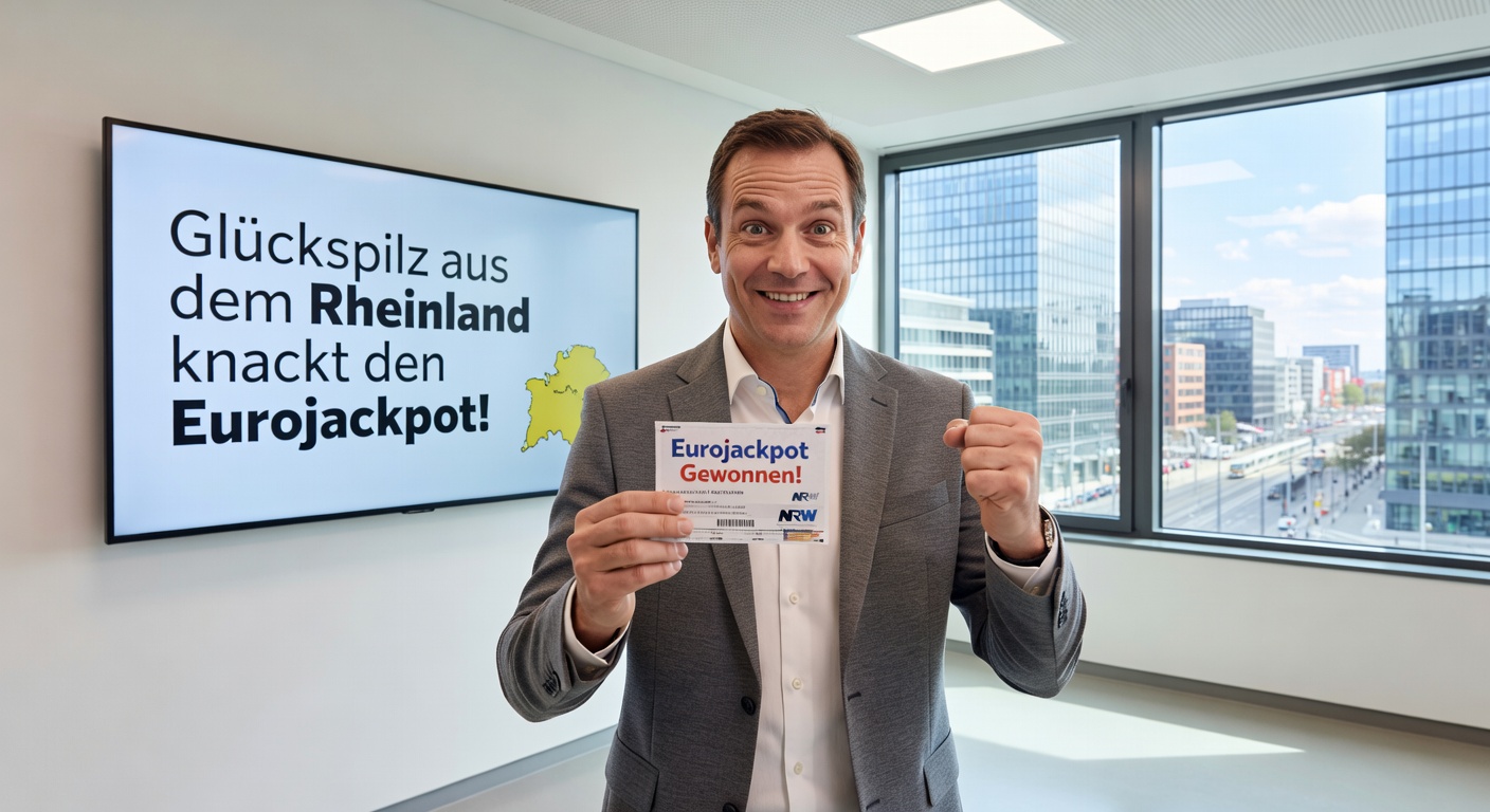 Eurojackpot-Ziehungsrad mit leuchtenden Zahlen und einer jubelnden Menge im Hintergrund, repräsentierend den spannenden Moment des Gewinns in Deutschland